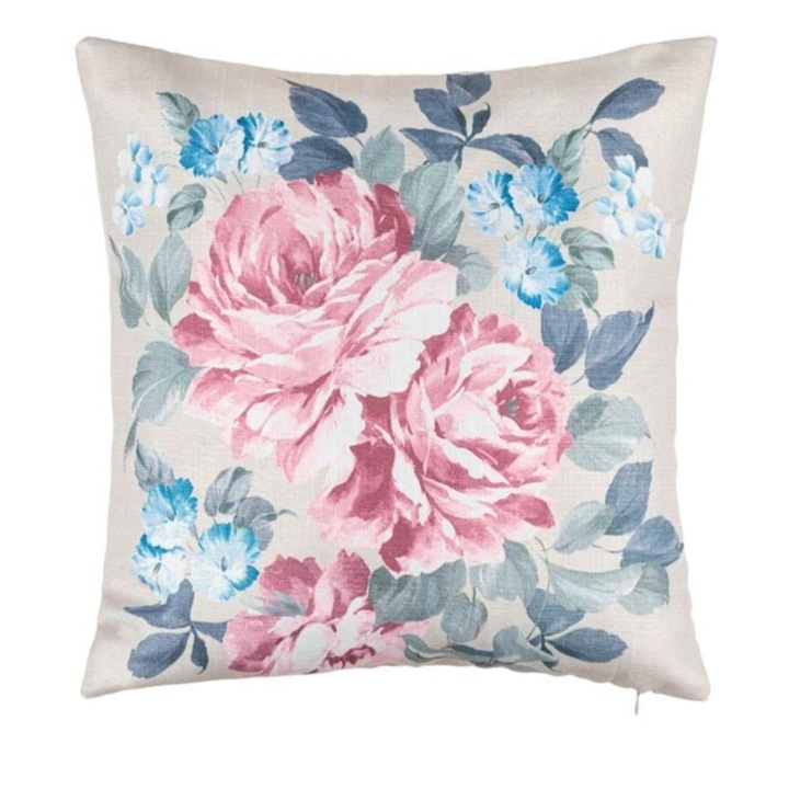 Perna decorativa, cu doua fete, model floral, bej/multicolor, 45x45x12cm