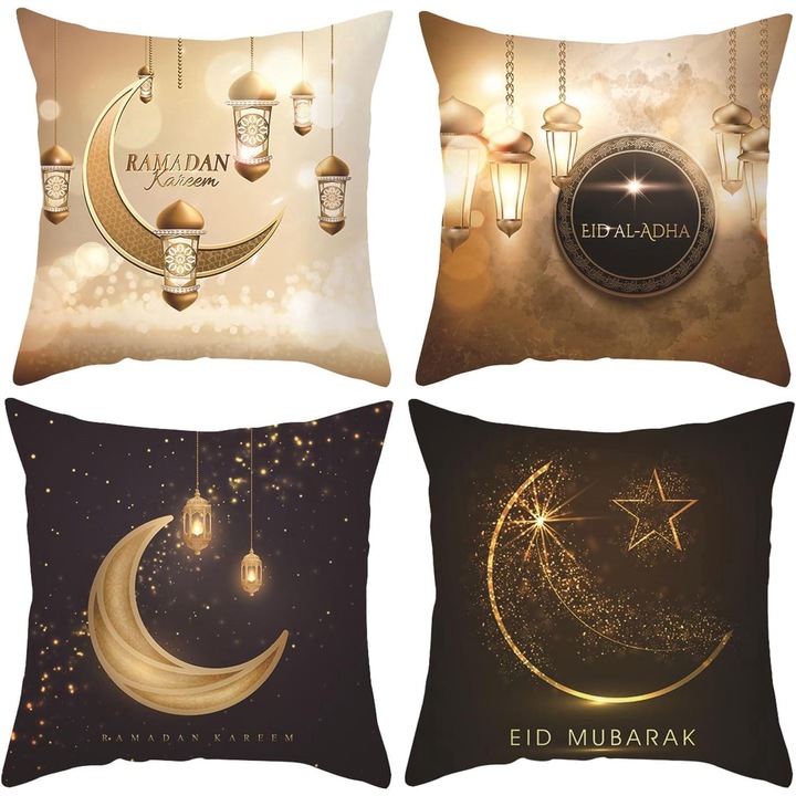 4 db Ramadan dekoratív párna készlet 45x45cm, Ünnepi dizájn, Arab dekoráció, Eid ünnepre tökéletes