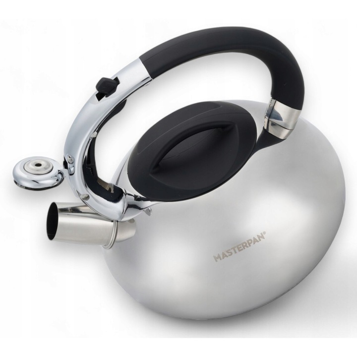 Sípfüttyös Teáskanna, Masterpan, 2 L, Indukciós és Gáztűzhelyhez, Retro, Fekete Fogantyú, Rozsdamentes Acél, Ezüst