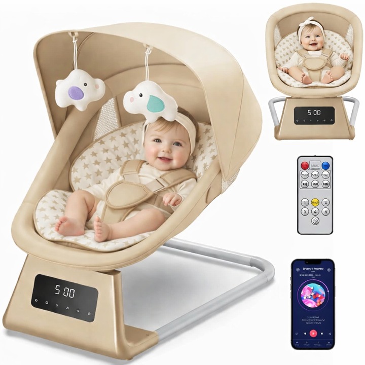 Leagan si Balansoar Electric 3D Motion BabyHug™ cu Telecomanda si Functie Bluetooth, Panou Digital Easy Touch, 5 Moduri/5 Viteze, Spatar Reglabil, Perna Moale, Baldachin Detasabil, Melodii, Jucarii, Cronometru 8/15/30 min, Centura de Siguranta, Beige