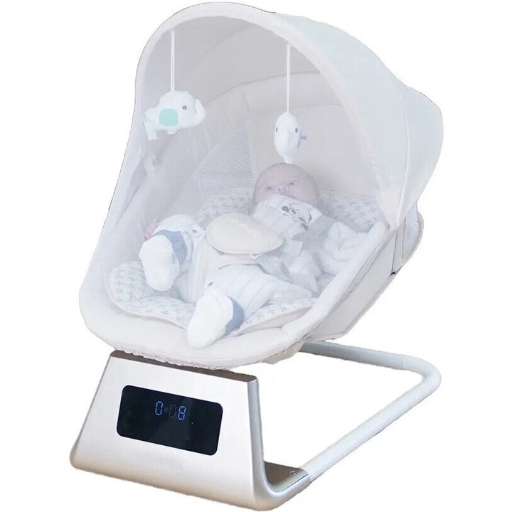BabyHug™ 3D Motion Електрическа люлка с дистанционно управление и Bluetooth функция, дигитален панел с лесно докосване, 5 режима/5 скорости, регулируема облегалка, мека възглавница, подвижен сенник, мелодии, играчки, таймер 8/15/30 минути
