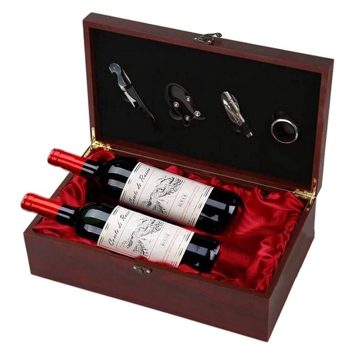 Set cadou elegant Wine Lover’s Gift Box Doty®, cutie din lemn rosu cires pentru 2 sticle de vin, tirbuson, inel, picurator cu dop inclus si taietor de sigiliu, interior satin, incuietoare metalica, 36x21x11 cm