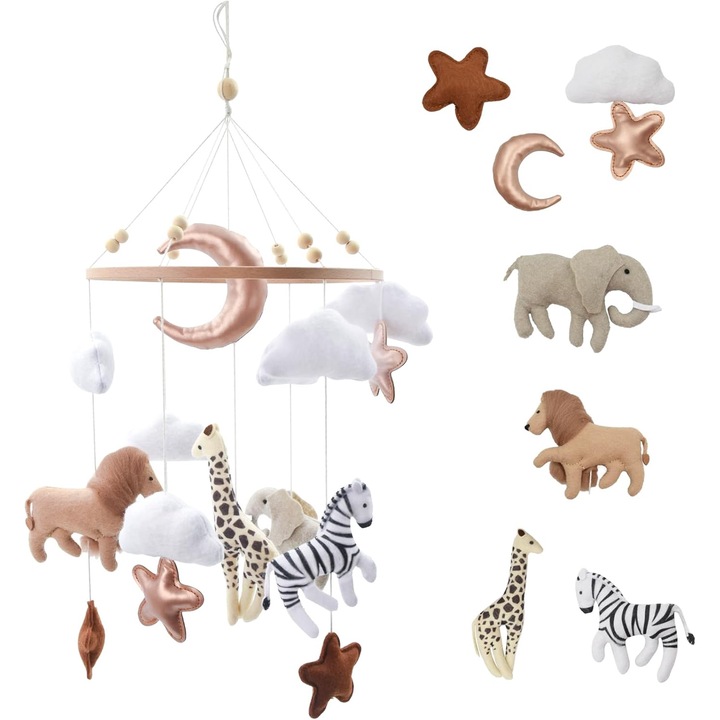Carusel Mobil pentru Patut Bebelus cu Tematica Animale Safari, Textil/Lemn, Multicolor, Accesorii cu Nori, Luna si Stele, Cadou nou Nascut
