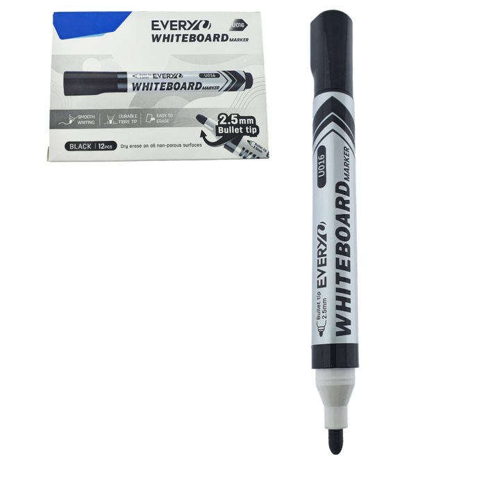 Set 12 markere whiteboard negre, varf rotund 2.5 mm, scriere lina, model Everyday 016, lungime 144 mm, stergere uscata, pentru tabla de scris, melaminat, sticla si alte suprafete neporoase Rotund