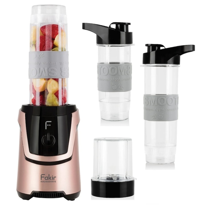 Blender personal Fakir Dynamic, 600W, 2 Vase (570 ml si 400 ml), Rasnita, Cutite inox, fara BPA, Roz