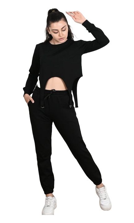 Compleu dama, 2 piese, bluza cu maneca lunga, pantaloni cu talie elastica, NEGRU, Negru