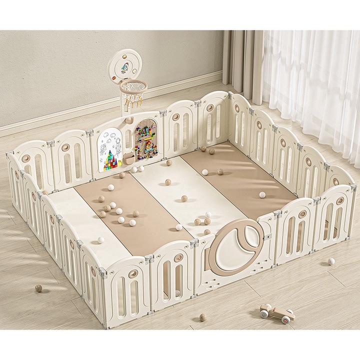 Gardulet loc de joaca interior/exterior Nichiduta Garden 240x200cm cu poarta de siguranta, cos de baschet, tabla de scris, covoras din spuma 4cm grosime, cuburi, cosulet pliabil si 100 bile Moon Coffee