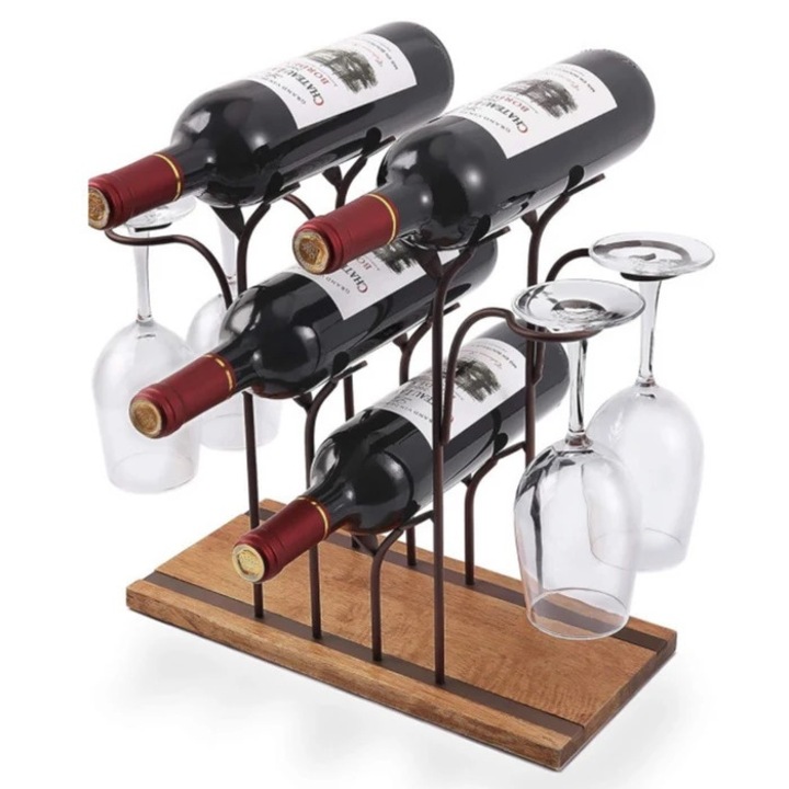 Suport Sticle Vin + Pahare OY058, Fier + Lemn, Maro, 34 x 16 x 33 cm D