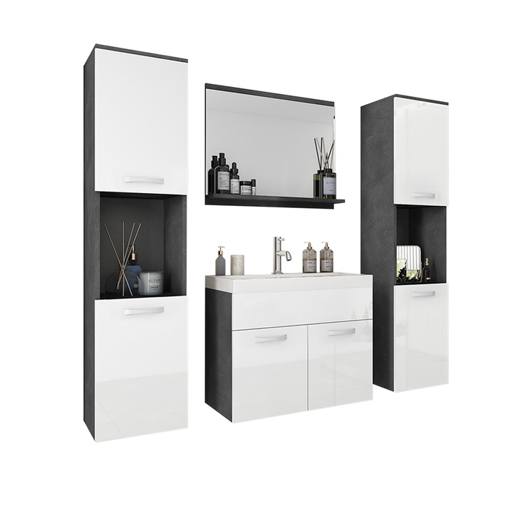 Mobilier de baie Floryna XL, MIRJAN24, Chiuveta cu Sifon, matera / alb lucios