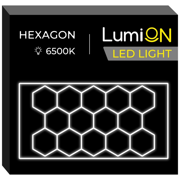 Hexagon LumiON LED fali lámpa, LO-1, 14 hatszög, garázs, műhely, 531x291cm, teljesítmény 672W, 6500K, 50 000 óra, hideg fehér fény