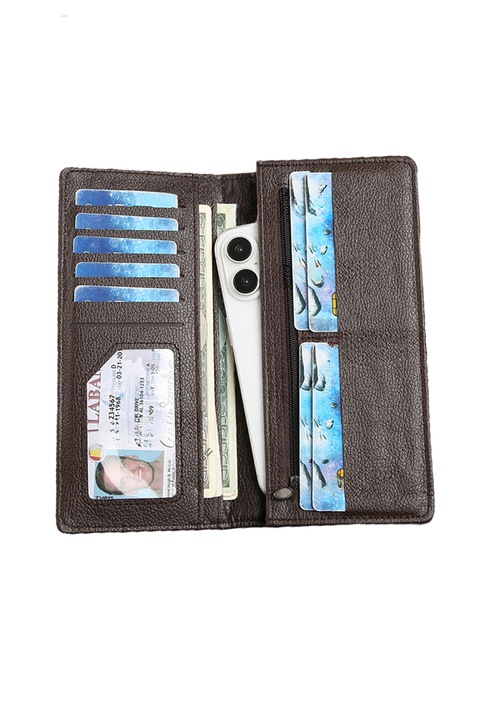 Portofel Unisex Premium, Elegant, tip Business, cu 14 Locuri de Carduri, Permis si Bancnote, cu Fermoar, Maro, PriStyle®, 19x9.5x2cm