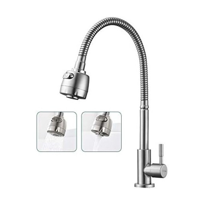 360°-ban forgó konyhai csaptelep, rozsdamentes acél, kettős funkciójú, magas hőmérsékletnek ellenálló, PEX