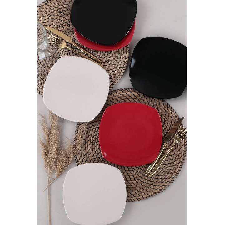 Set 6 farfurii desert 275KRM1849, ceramica, 22x22 cm, alb/negru/rosu