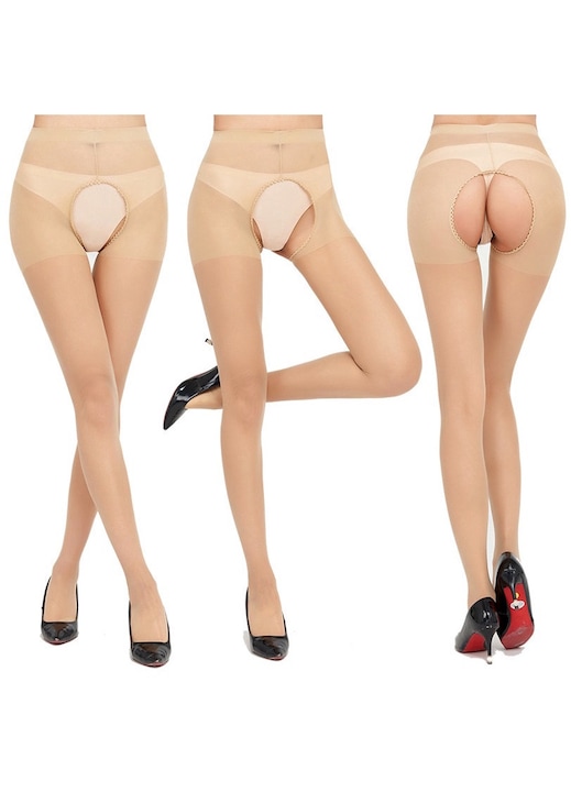 Set 3 perechi ciorapi dama - talie inalta, transparenti cu goluri, marime S-M INTL, Nude