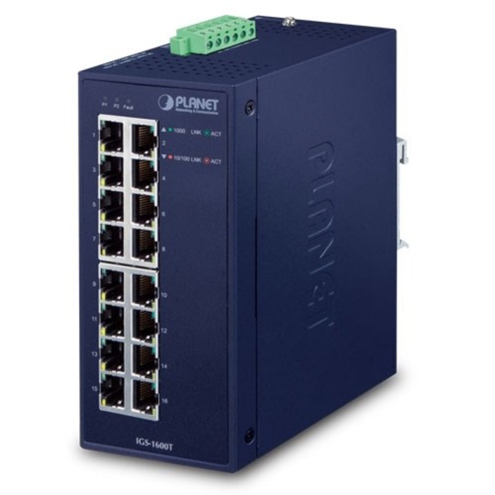 Planet IGS-1600T nem menedzselhető switch, 16 Gigabit Ethernet port, IP30, 66x152x107mm, kék