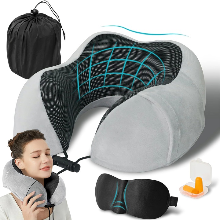 Utazópárna, Excitat®, Memóriahabos nyakpárna, U alakú repülős nyakpárna, 3D kontúros szemmaszk füldugó készlet, Repülőgép, Vonat, Autó, Iroda, Otthon, Szürke