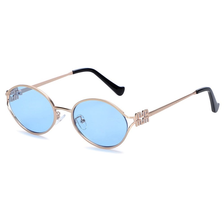 Дамски слънчеви очила, овални, stilion, UV400, златни, със сини лещи, комплект с калъф и кърпичка