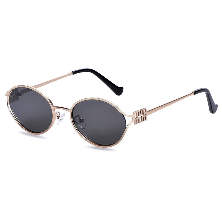 Ochelari de soare dama, SKK-05, ovale, cu filtru UV400, aurii/negru, set cu etui si servetel de curatare