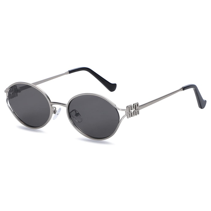 Ochelari de soare dama Stylion SKK-05A, model oval elegant, cu lentile negre si protectie UV400 Cat.3, cadru metalic argintiu, design modern, set complet cu toc de protectie si laveta de curatare pentru femei active si stilate