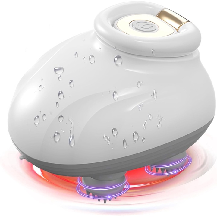 Безжичен преносим електрически масажор за скалп – Omelivon® IPX7 Водоустойчив, 3 режима на скорост, червена светлина за коса, насърчава растежа на косата, релаксация против стрес, подарък за мъже, жени и домашни любимци (бял)