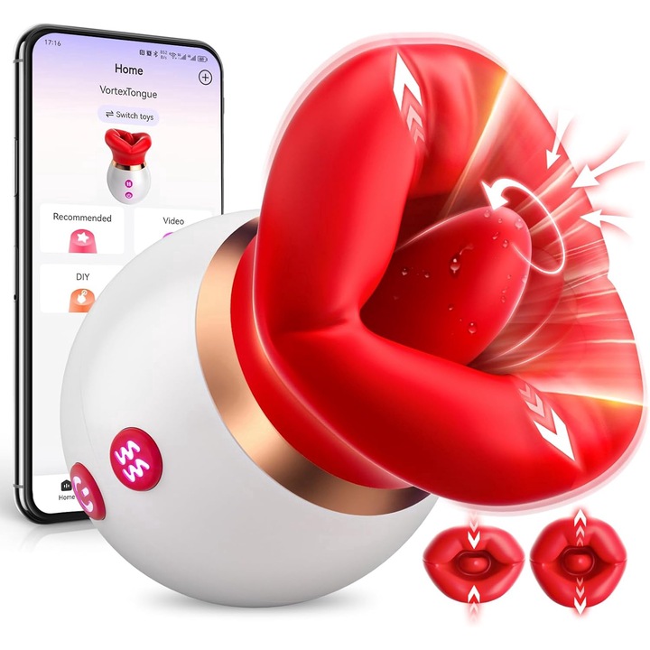 Вибратор XINLOSHU®, За жени, С език, Течен силикон, Презареждащ се с USB, 10 режима на облизване с език,10 режима на вибрация, За жени, Стимулация на клитор и гърди, Продължителна игра, Водоустойчив, Червени устни, Червен/Бял