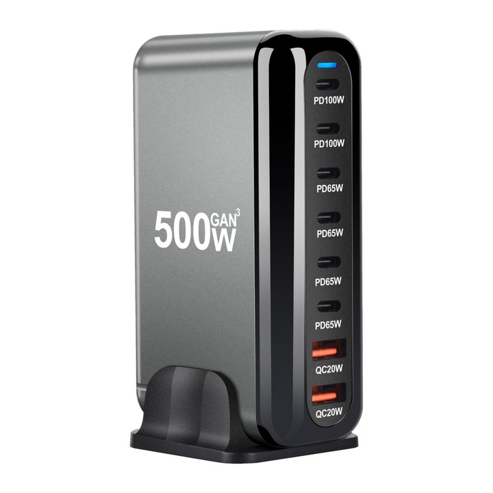 Többportos gyorstöltő állomás 500 W-ig, 6 USB-C PD és 2 USB-A QC3.0, GaN technológia, kompakt és biztonságos, hatékony töltés laptopokhoz, telefonokhoz és táblagépekhez, többféle védelem