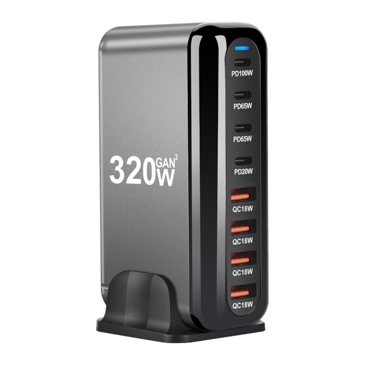 Többportos gyorstöltő állomás 320 W-ig, 4 USB-C PD és 4 USB-A QC3.0, GaN technológia, kompakt és biztonságos, hatékony töltés laptopokhoz, telefonokhoz és táblagépekhez, többféle védelem