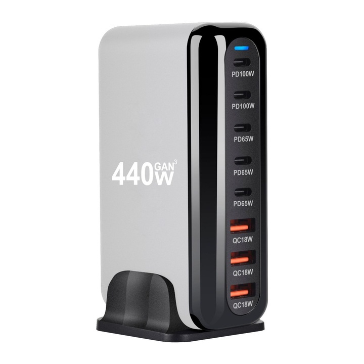 Többportos gyorstöltő állomás 440 W-ig, 5 USB-C PD és 3 USB-A QC3.0, GaN technológia, kompakt és biztonságos, hatékony töltés laptopokhoz, telefonokhoz és táblagépekhez, többféle védelem