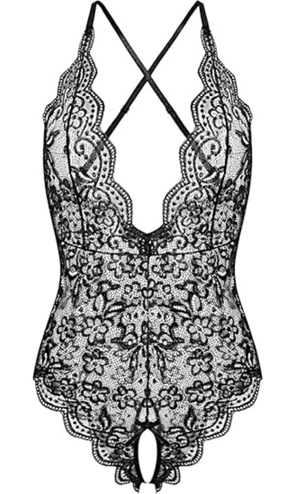 Lenjerie sexy, Decolteu in V si spate gol, Dantela-Negru-M INTL