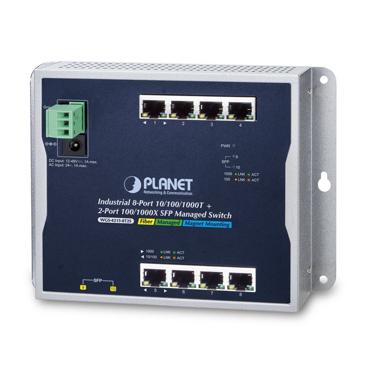 Planet WGS-4215-8T2S L2 Gigabit Ethernet menedzselhető switch, 8 port, fekete, 178x25x134mm