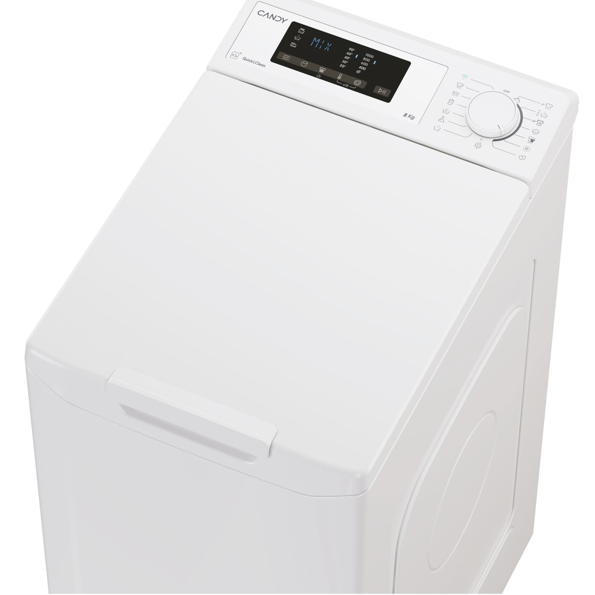 Masina de spalat rufe cu incarcare verticala Candy TCA083D2-S, 8 kg, 1000 RPM, Clasa D, Display 3D, Wifi,Mix Power Systems, Gentle touch opening, Alb