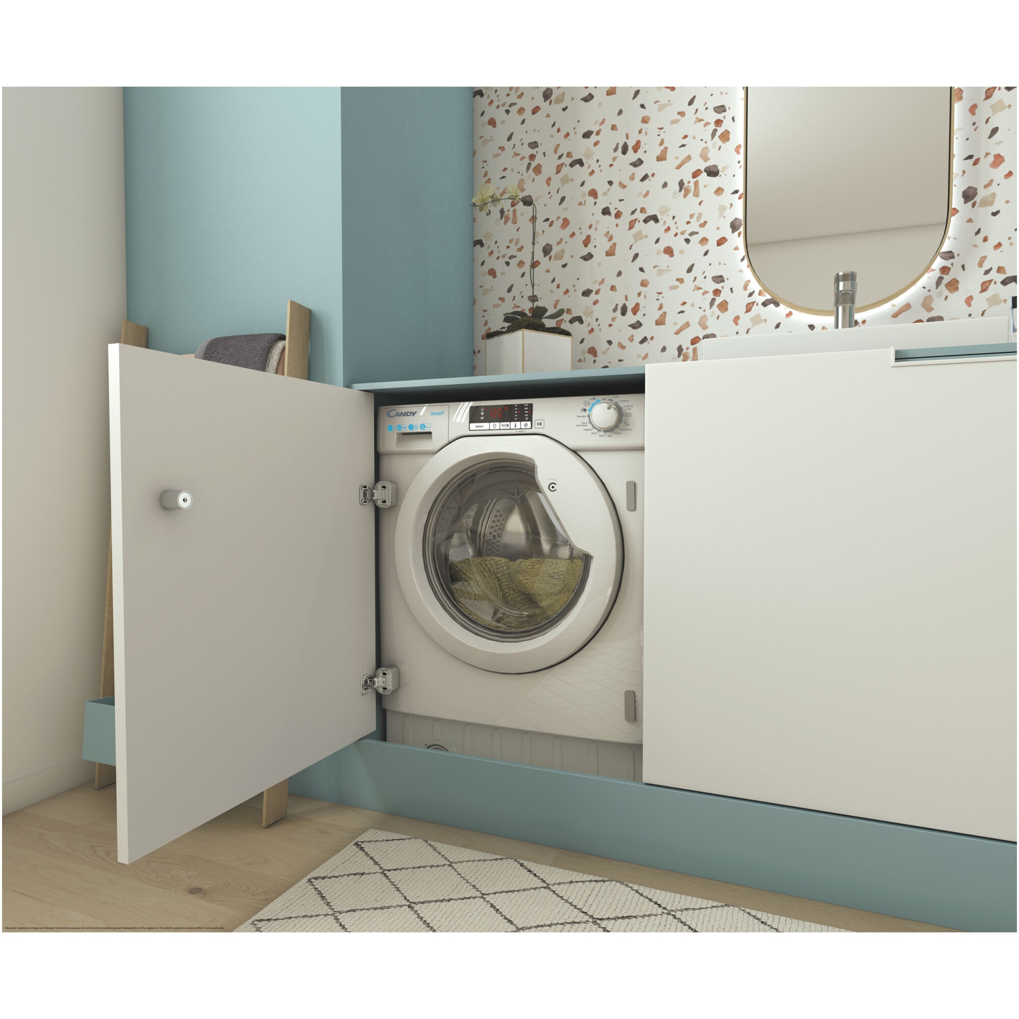 Masina de spalat rufe incorporabila Candy CBWO 49TWME-S, 9 kg, 1400rpm, Motor inverter, Mix Power System +, Hygiene program, Clasa A, Alb