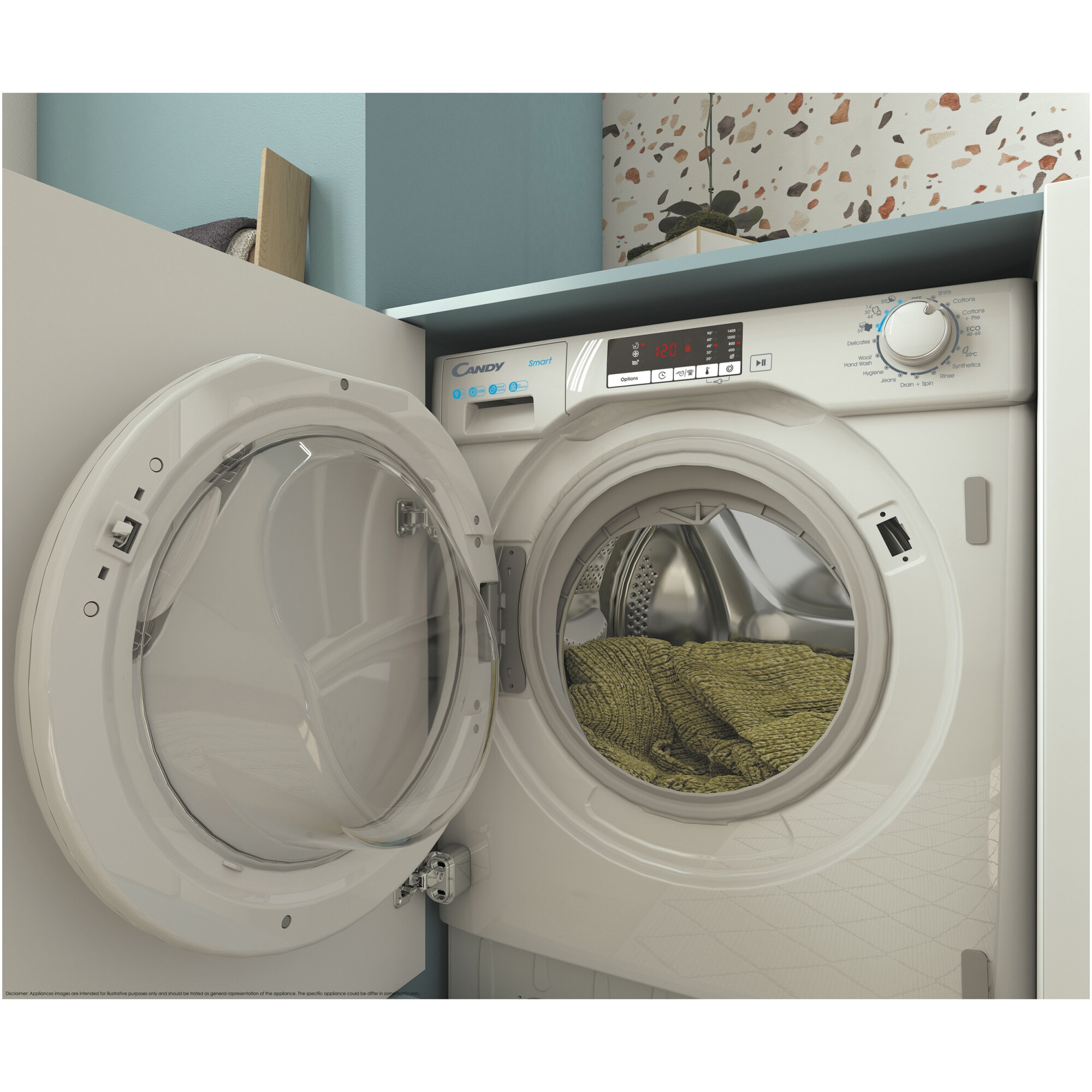 Masina de spalat rufe incorporabila Candy CBWO 49TWME-S, 9 kg, 1400rpm, Motor inverter, Mix Power System +, Hygiene program, Clasa A, Alb