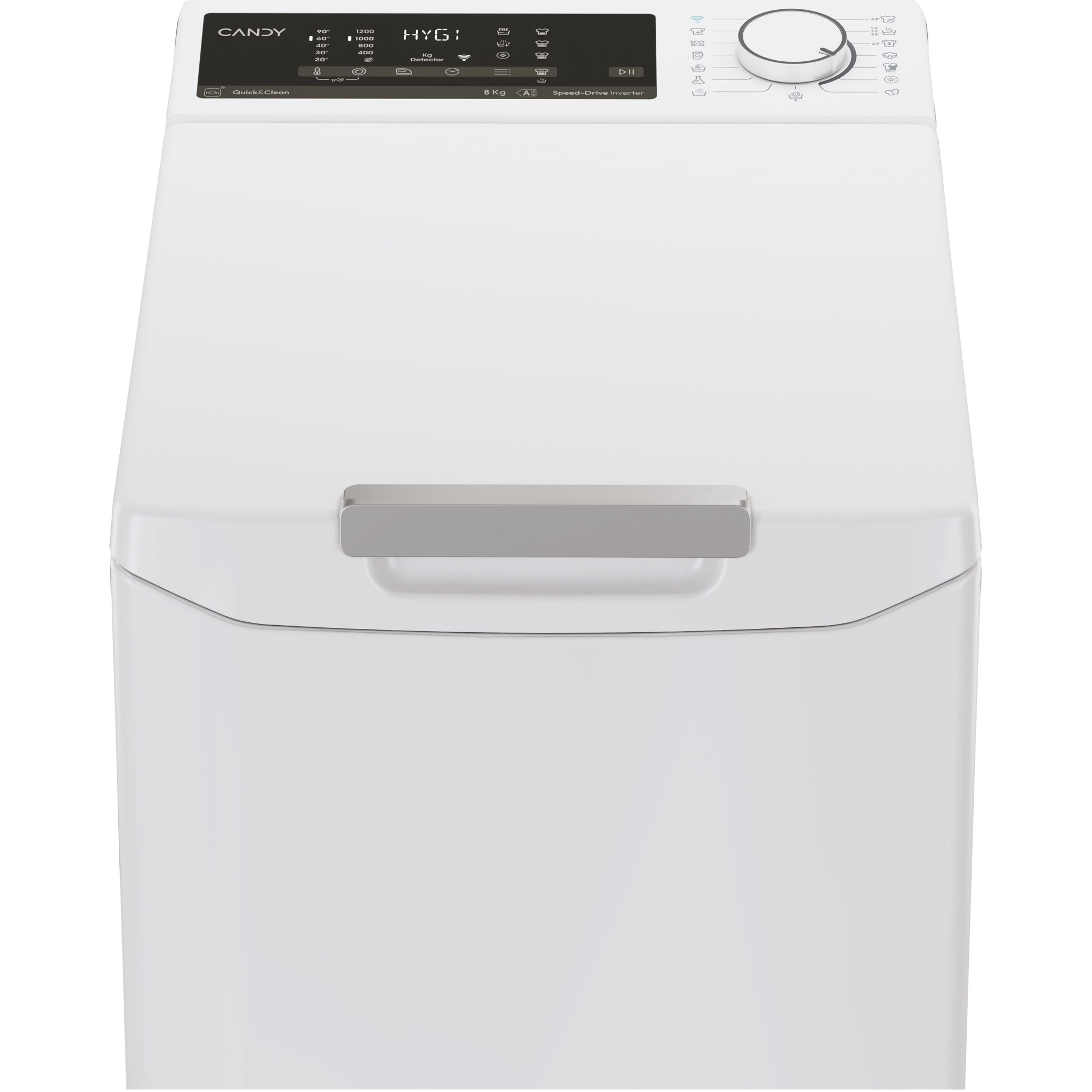 Masina de spalat rufe cu incarcare verticala Candy TCA284TM5-S, 8 kg, 1200 RPM, Clasa A, Motor Inverter, Display digital 4D, Wifi,Mix Power Systems, Gentle touch opening, Alb