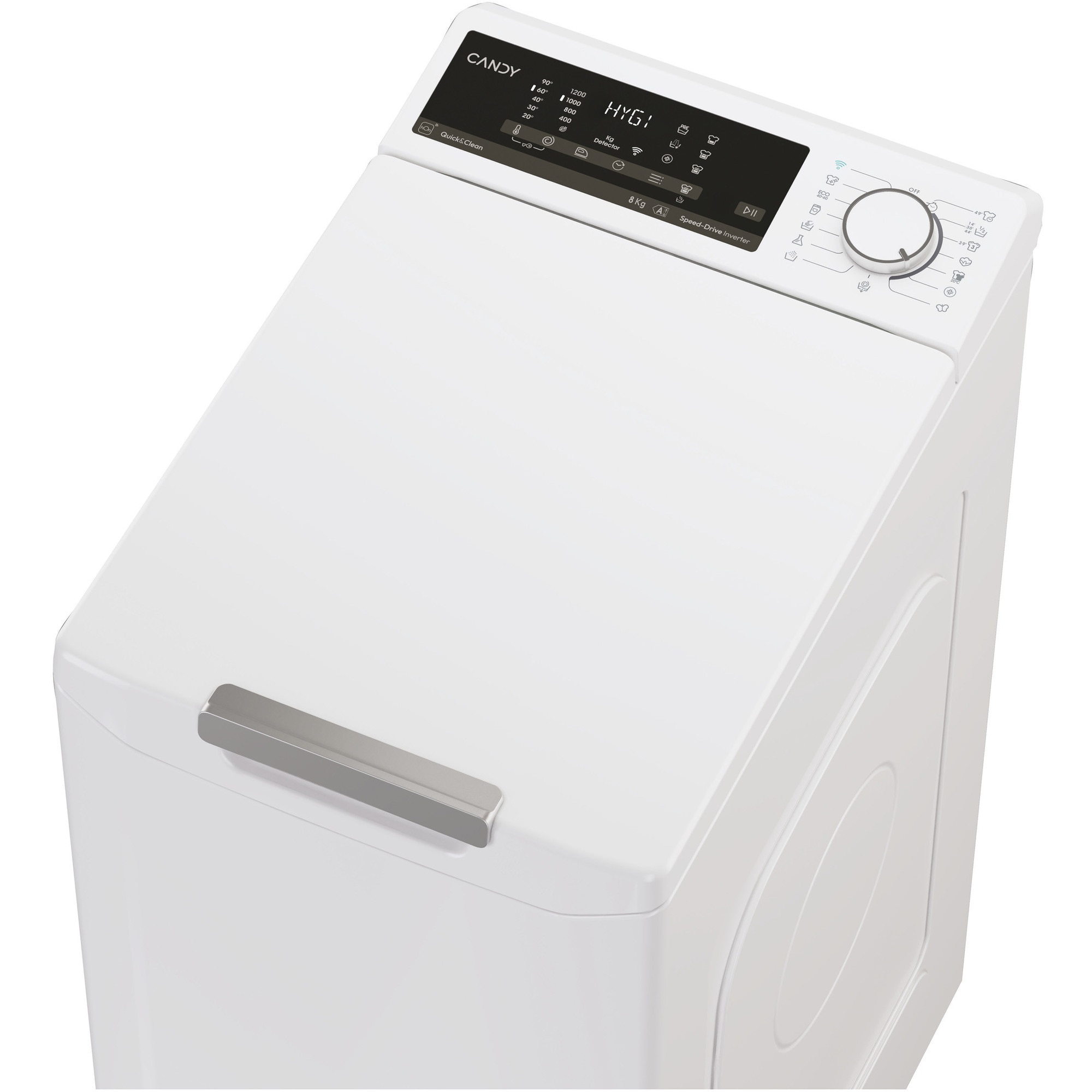 Masina de spalat rufe cu incarcare verticala Candy TCA284TM5-S, 8 kg, 1200 RPM, Clasa A, Motor Inverter, Display digital 4D, Wifi,Mix Power Systems, Gentle touch opening, Alb