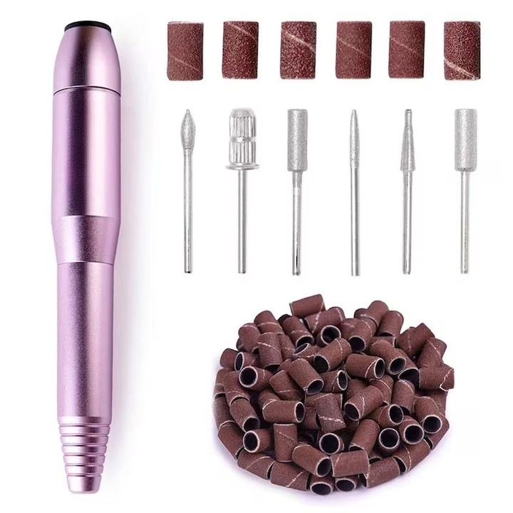 Freza de unghii portabila manichiura-pedichiura, din metal, 20000 RPM, 2 directii, 6 capete slefuire, 6 inele de smirghel diferite granulatii, design ergonomic, alimentare priza, Violet