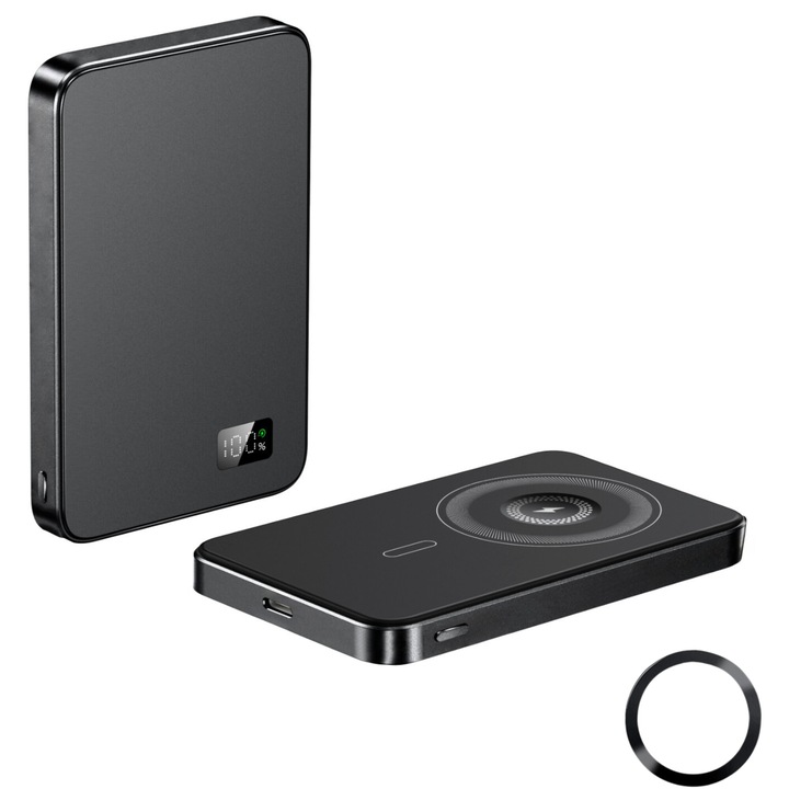 3 в 1 безжична магнитна ESL външна батерия от Essential Level®, Power Bank 10000 mAh, PD 20 W, LED дисплей на батерията, съвместим с Magsafe, магнитен метален пръстен, черен