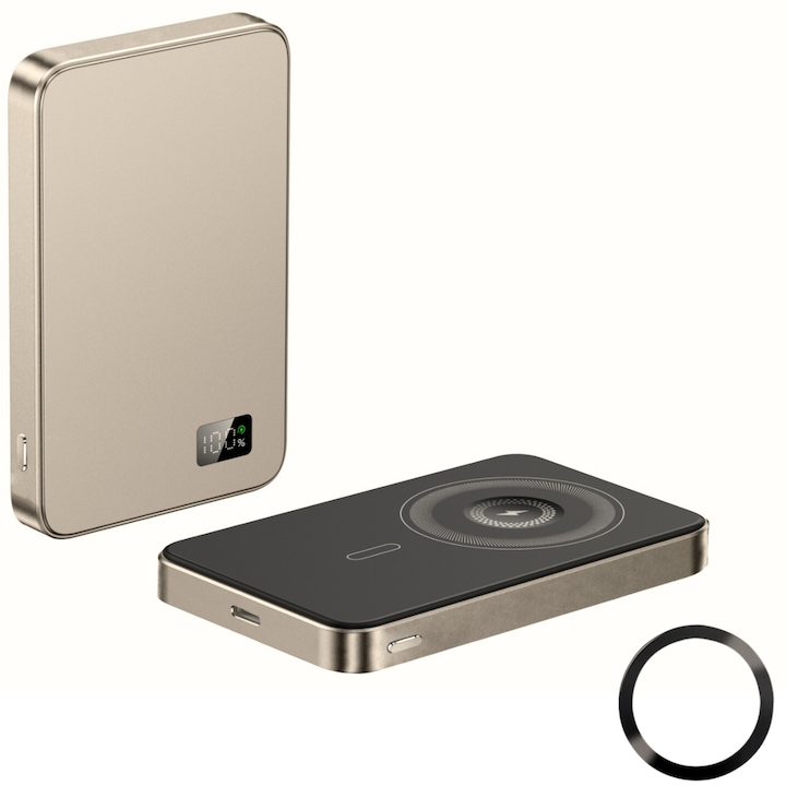 3 в 1 безжична магнитна ESL външна батерия от Essential Level®, Power Bank 10000 mAh, PD 20 W, LED дисплей на батерията, съвместим с Magsafe, магнитен метален пръстен, златен