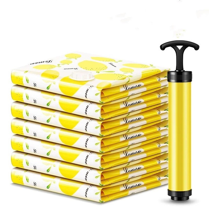 Set de 13 saci de vidat cu pompa, dimensiuni 40x60/50x70/60x80/70x100/80x100 cm, transparent, galben lamaie