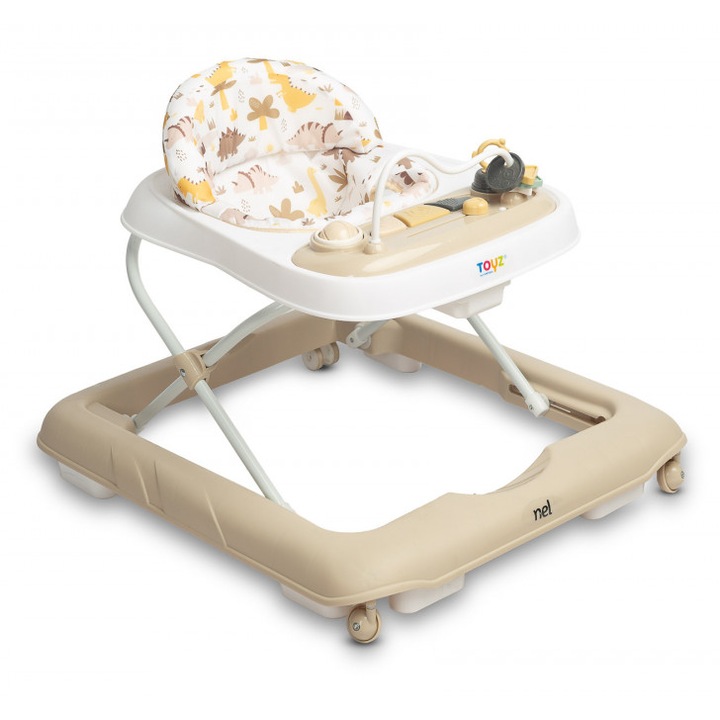 Premergator copii Toyz Nel Brown, pliabil compact, cu roti pivotante, inaltime reglabila pe 3 nivele, panou educational cu sunete detasabil si opritori de siguranta, pana la 12kg