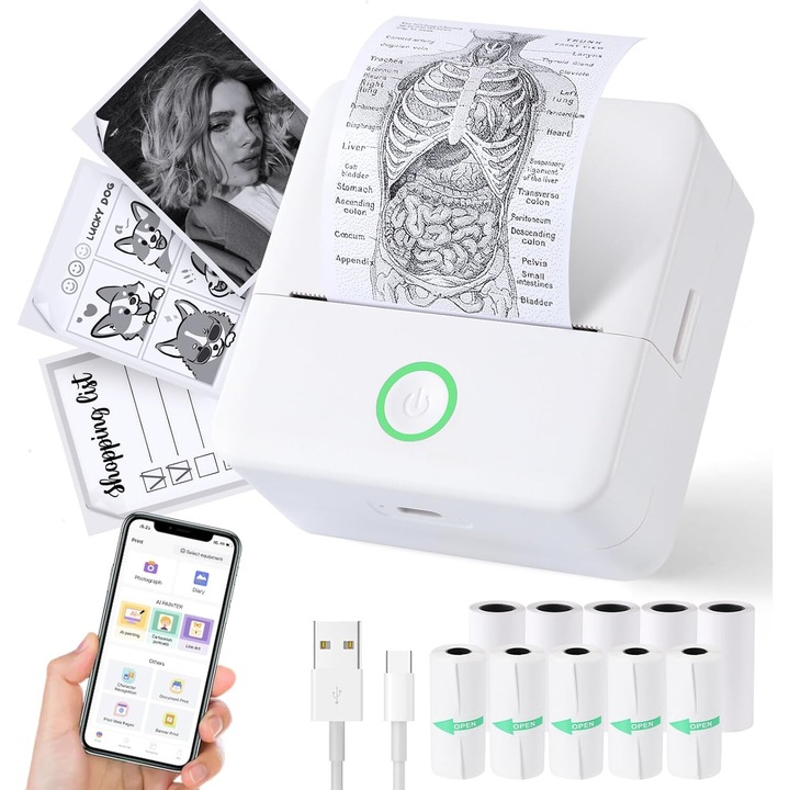 Мини термопринтер, zzmorni, без мастило, Bluetooth, 200dpi, компактен, преносим