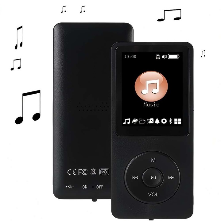MP3/MP4 lejátszó, Bluetooth MP3 walkman, zenelejátszó, rádió, 128 GB, teljes szótár, fekete