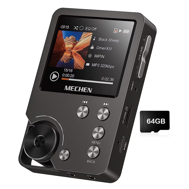 MP3 lejátszó 64 GB-os HiFi-vel, Hesasa, nagy felbontású digitális hangzás, DSD DAC veszteségmentes, hangszínszabályzóval, 25 óra folyamatos lejátszás, akár 256 GB-os kártyákat támogat, fekete