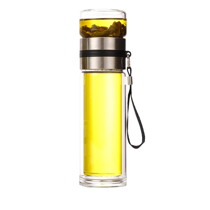 Infuzor de ceai din sticla cu filtru inox, ceainic termorezistent, accesorii pentru preparare ceai, infuzor transparent ergonomic, preparare ceai frunze si plante, usor de curatat, 450 ml
