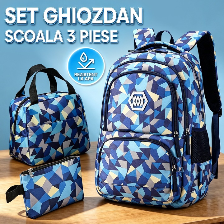 Set ghiozdan Scoala 3 Piese, BYONDSELF®, Compartimente multiple, cu punga de creion, geanta tote, rezistent la stropi de apa, Rezistent la uzura, 42 x 30 x 20 cm, Albastru