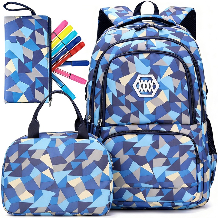 Set ghiozdan Scoala 3 Piese, BYONDSELF®, Compartimente multiple, cu punga de creion, geanta tote, rezistent la stropi de apa, Rezistent la uzura, 42 x 30 x 20 cm, Albastru