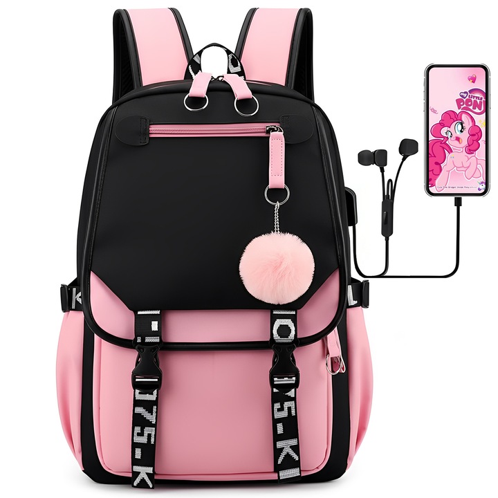 Ghiozdan Scolar, BYONDSELF®, Compartimente Multiple, Interfata USB, Model Ergonomic, Ezistent la Uzura, Unisex, 45*29*16cm, Roz