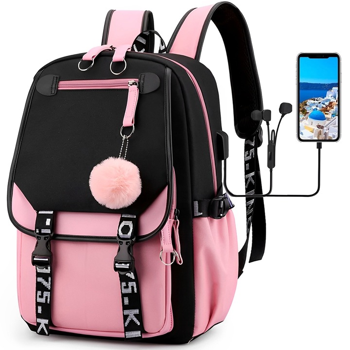 Iskolai hátizsák, BYONDSELF®, több rekeszes, USB interfész, ergonómikus modell, kopásálló, uniszex, 45*29*16 cm, rózsaszín