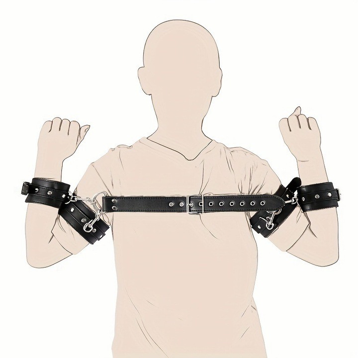 Bőr BDSM kiegészítő szett, karbilincs, csukló- és hátpántok, fekete