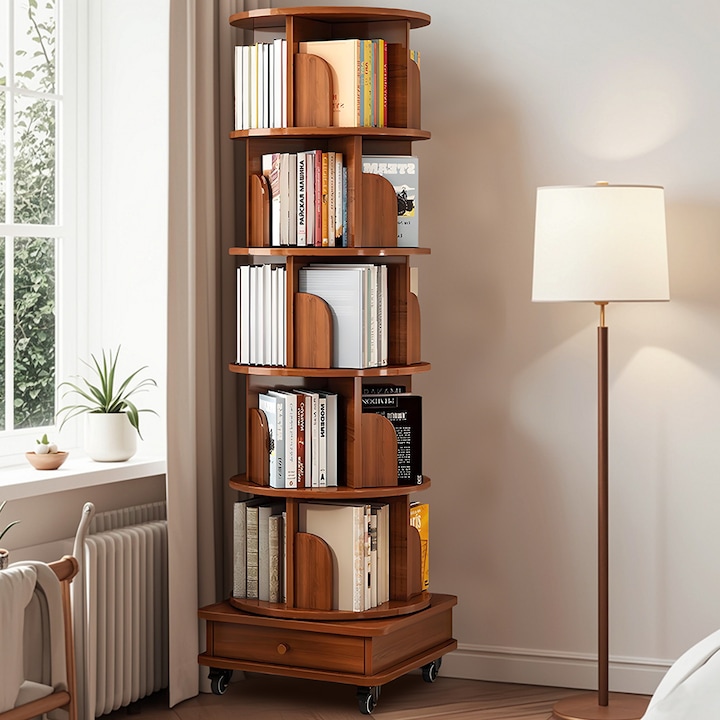 Рафт за книги Quietzi, 173x46 см, с 5 рафта, 1 чекмедже, въртящ се на 360°, многофункционален, безшумни въртящи се колела, за семейството, библиотеката, офиса, лесен за инсталиране, издръжлив